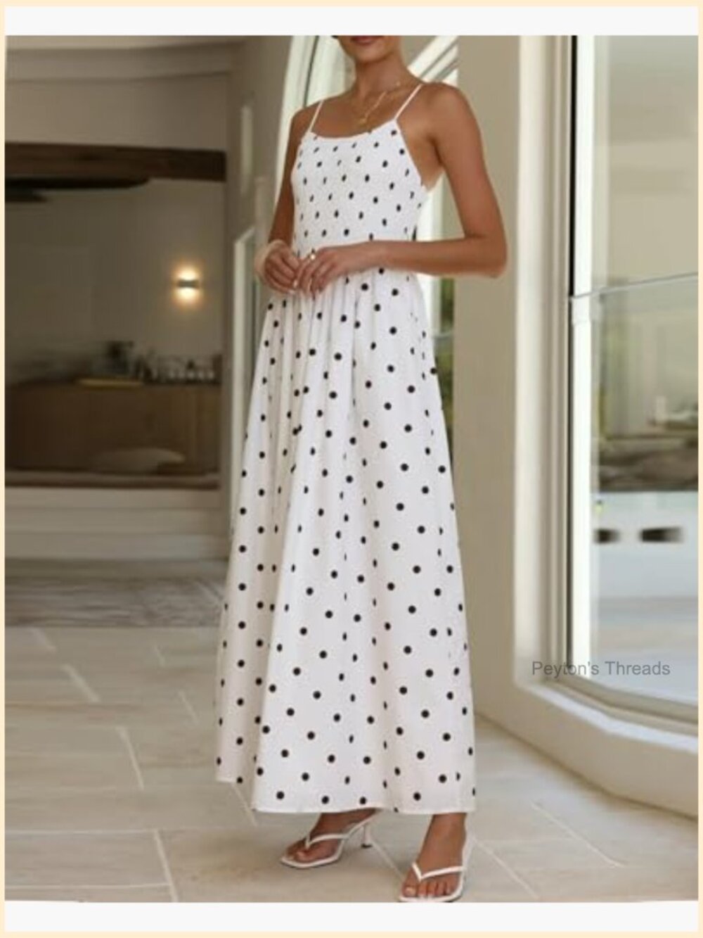 Smocked High Waisted Polka Dot Maxi Dress Spaghetti Strap Flowy Swing Beach - Picture 5 of 6